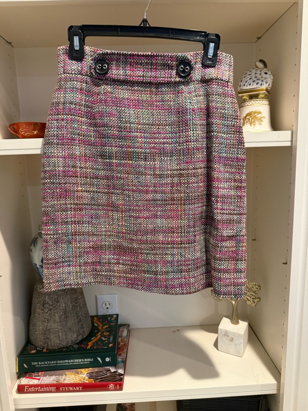 Pink Multi-Tone Tweed A-Line Skirt with Button Waist Tab